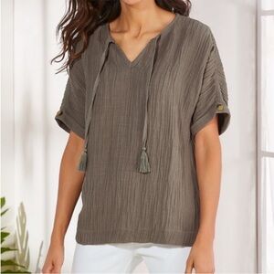 Soft Surroundings Lyra Tassel Dolman Sleeve Top Brown V Neck Boho